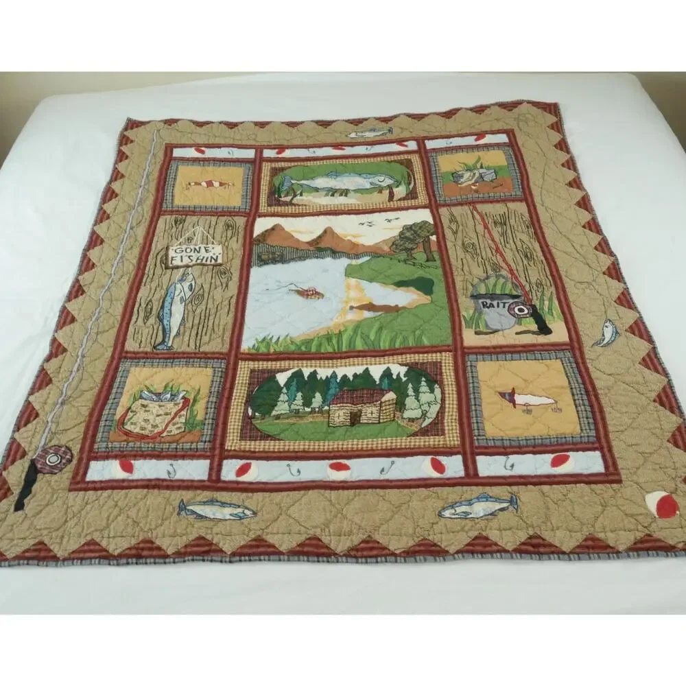 Vintage Applique Fishing Quilt Man Cave Cabin Outdoor Novelty Patch Magic 58x49